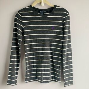 Ralph Lauren Sport Knit Long Sleeve Top Tee Grey White Stripes Polo Logo Small